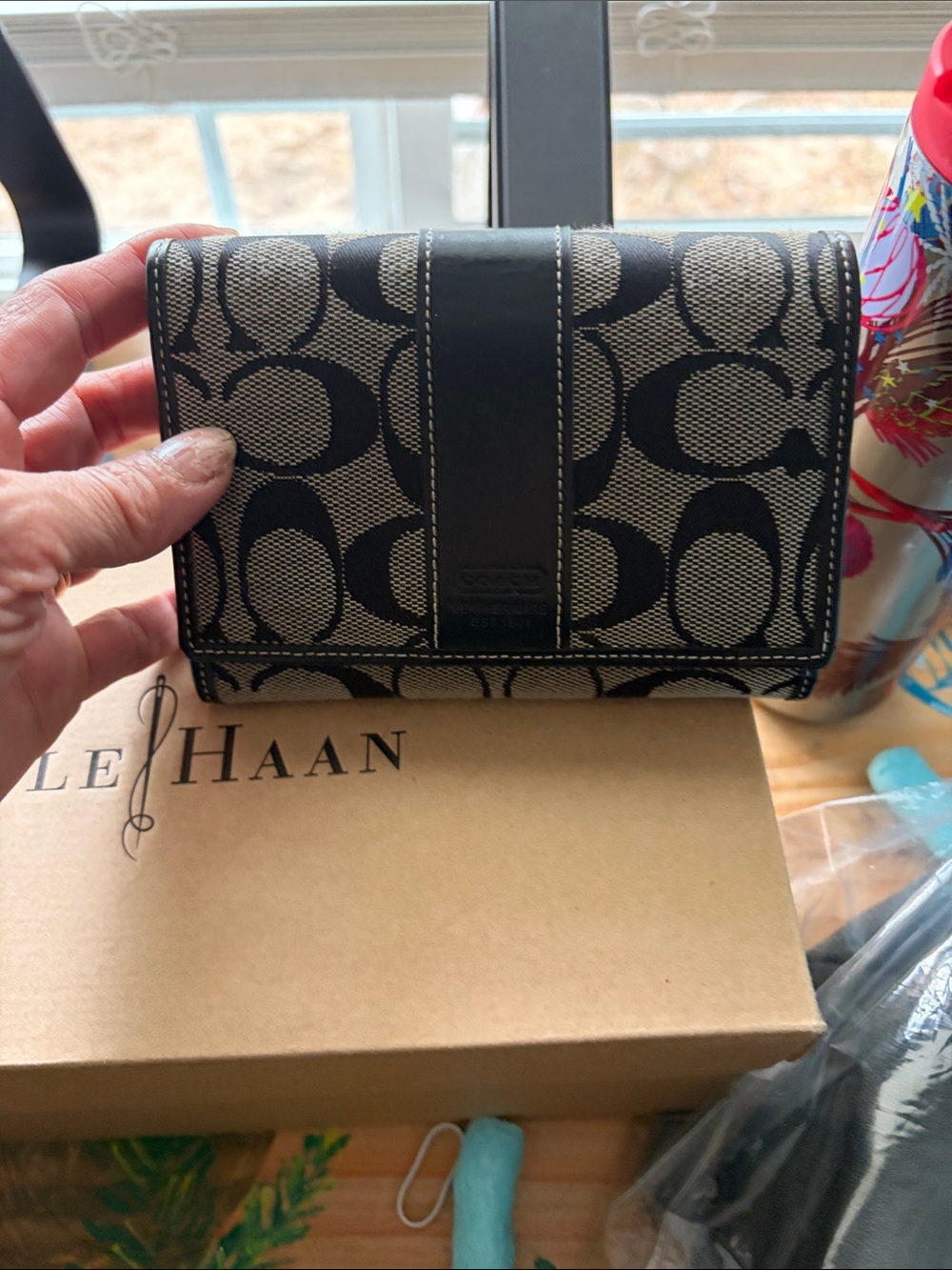 Coach Khaki and Black Signature Canvas Wallet